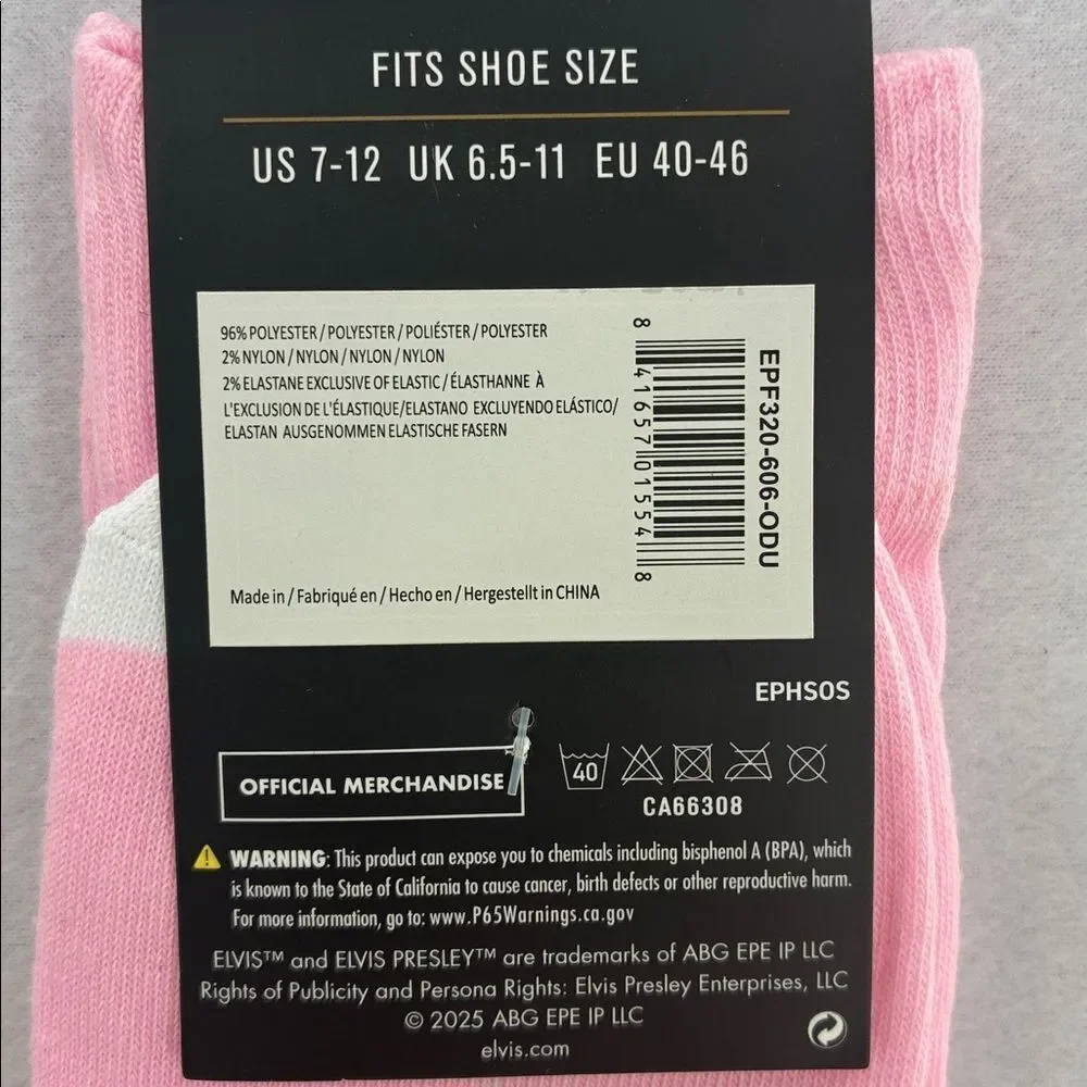 Elvis Presley Pink and White Socks NEW size 7-12